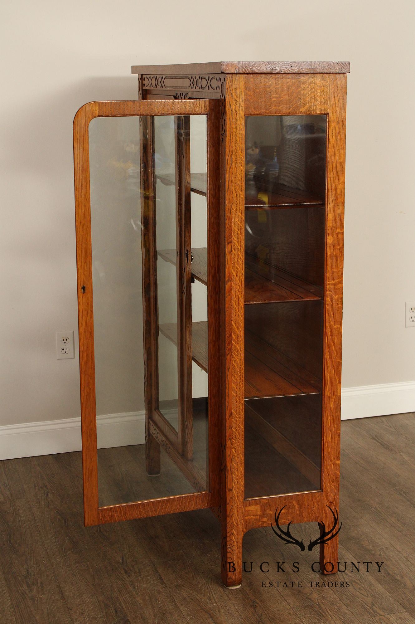 Arts and Crafts Antique Golden Oak Two-Door China Cabinet Bookcase