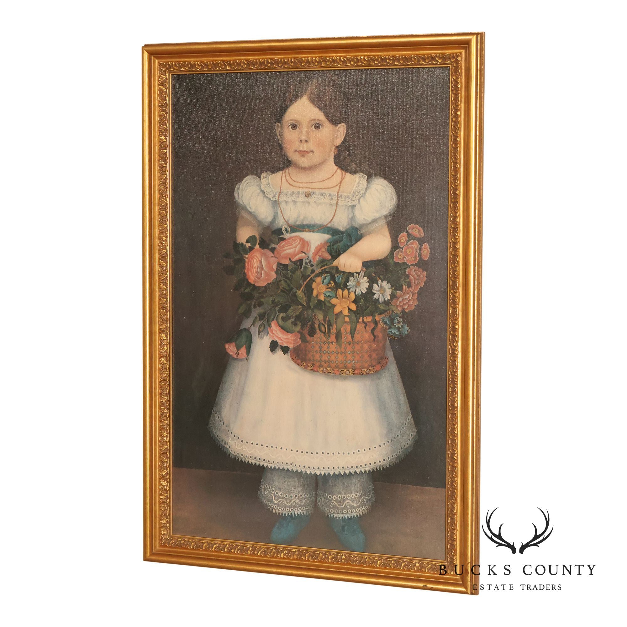 Framed Girl With Basket Of Flowers Print After An American Folk Portrait