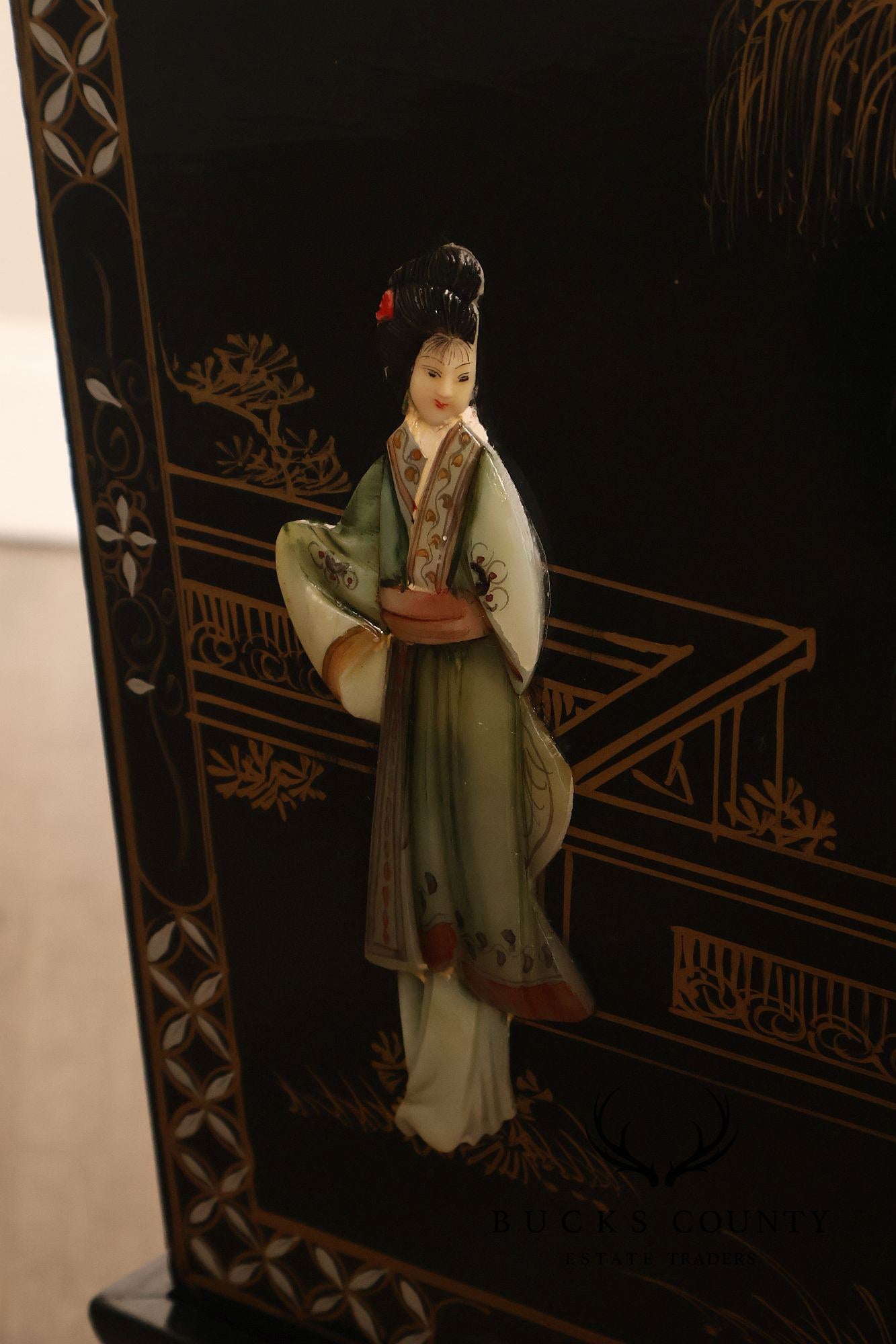 Chinese Black Lacquer Mother Of Pearl Inlaid Figural Planter On Matching Stand