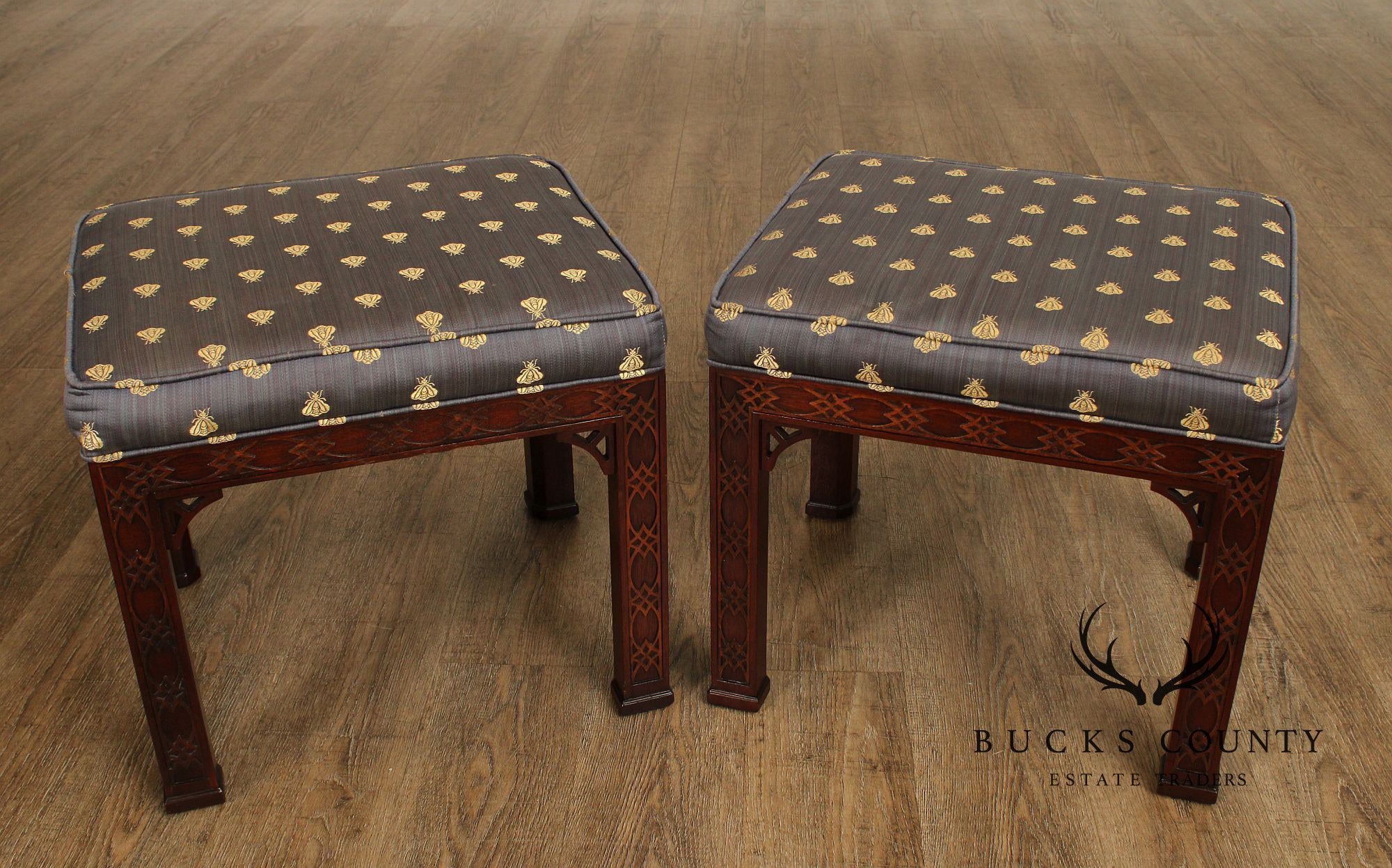 Kindel Chinese Chippendale Style Pair of Mahogany Stools