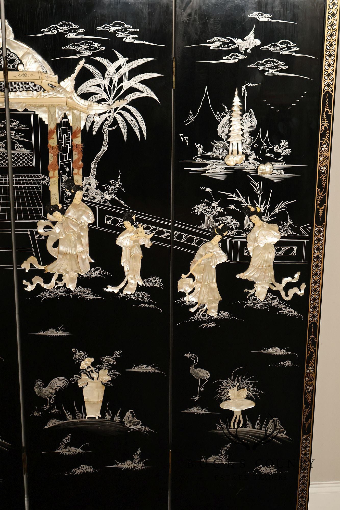 Asian Black Lacquer Vintage Pair Of Four Panel Folding Screens With Mother Of Pearl Inlay
