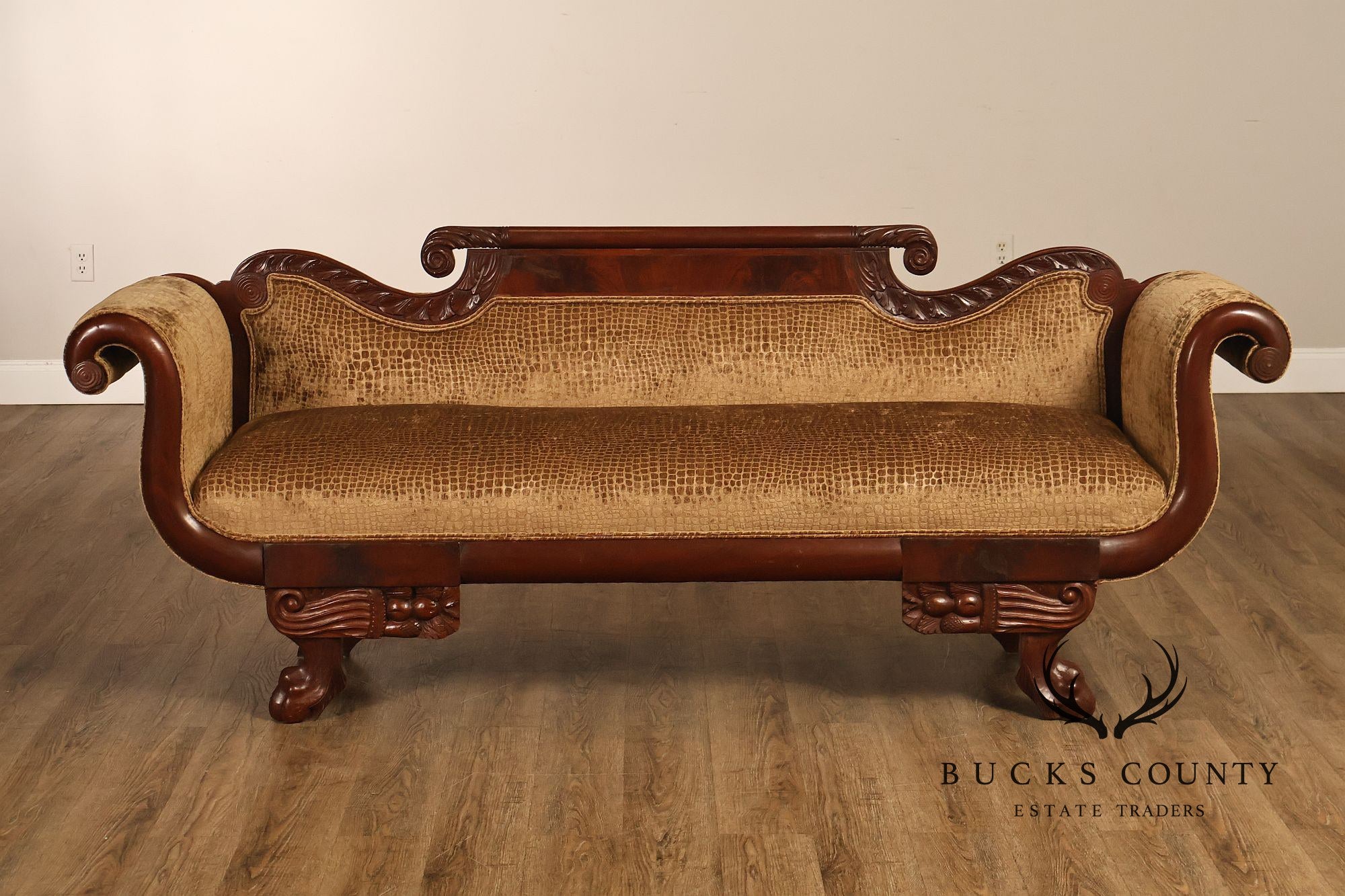 Antique American Classical Empire Style Mahogany Upholstered Sofa