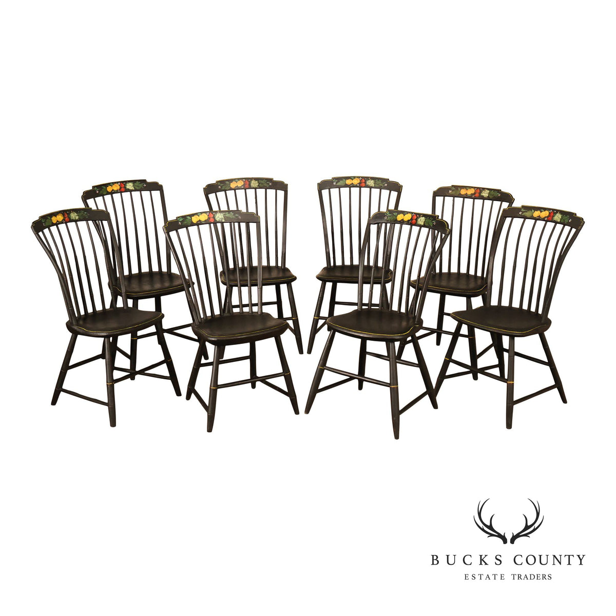 Vintage Stenciled Black Windsor Style Set Of Eight Dining Chairs