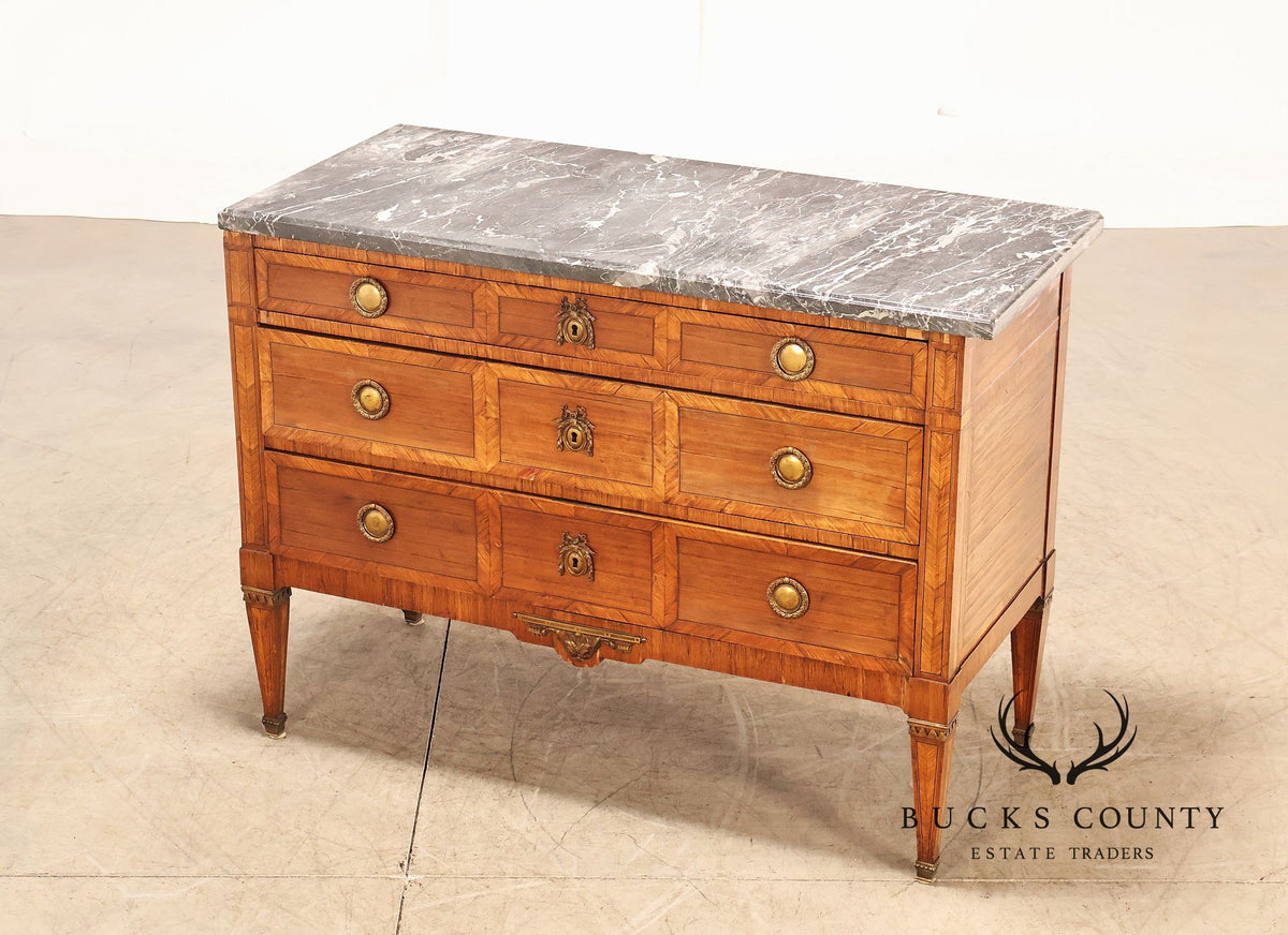 Antique French Neoclassical Marble Top Inlaid Three Drawer Chest