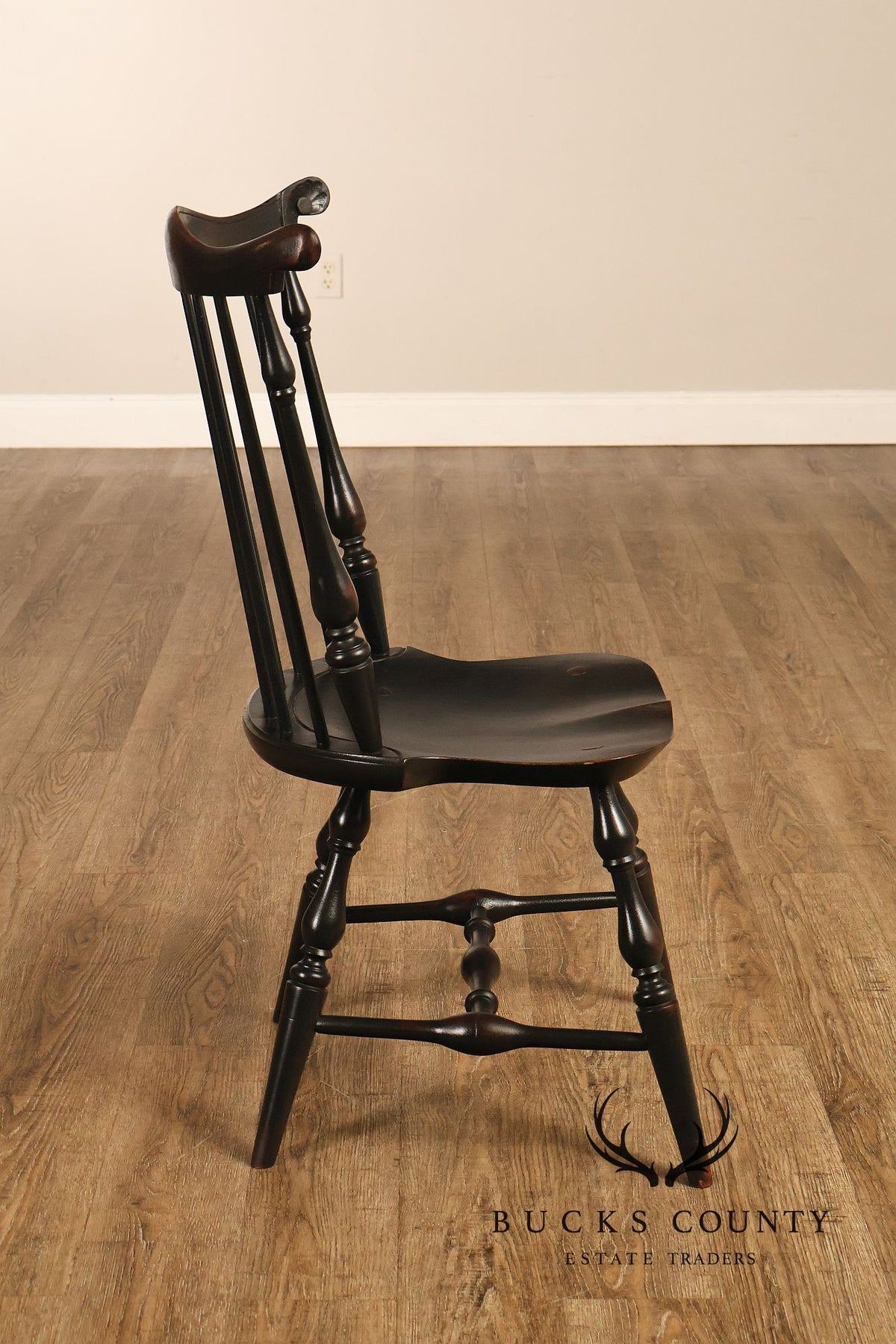 Custom Set Of Four Black Over Red Painted Fan Back Windsor Dining Chairs