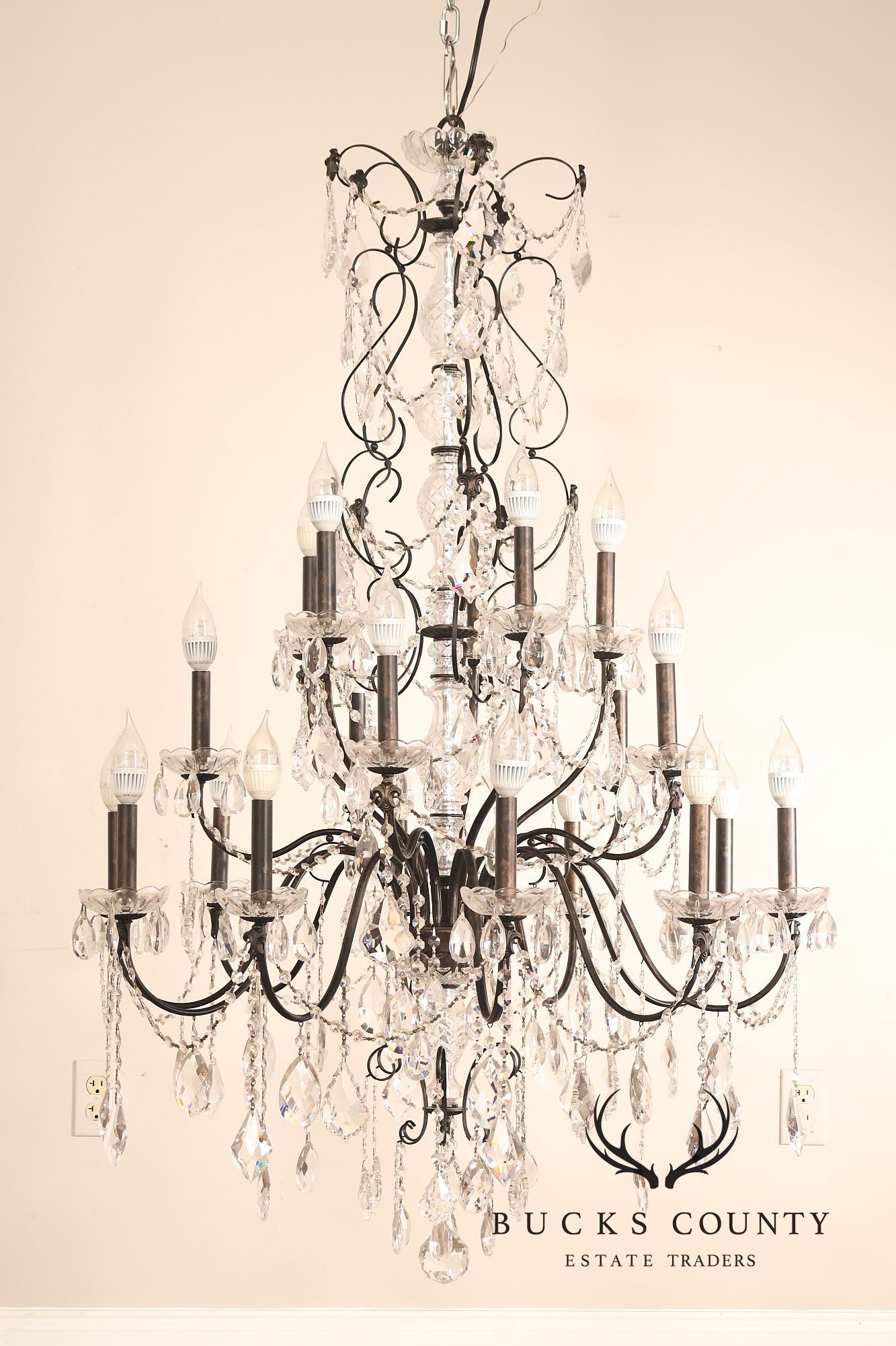 Large Twenty-Light Crystal And Wrought Iron 55" Chandelier