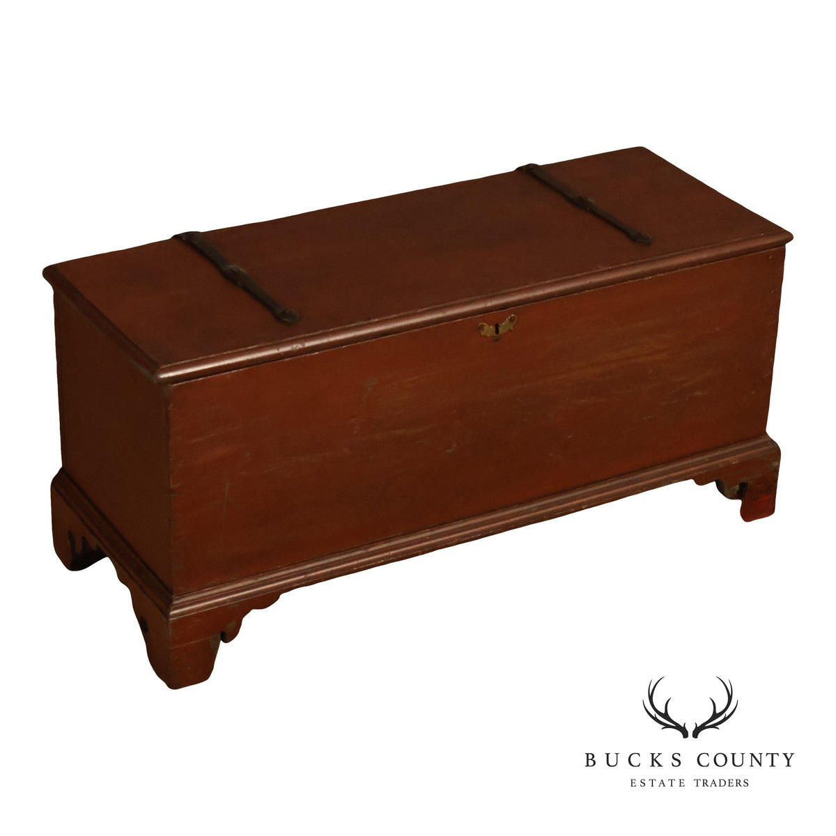 Antique Red Painted Cedar Blanket Chest With Cast Iron Strapping