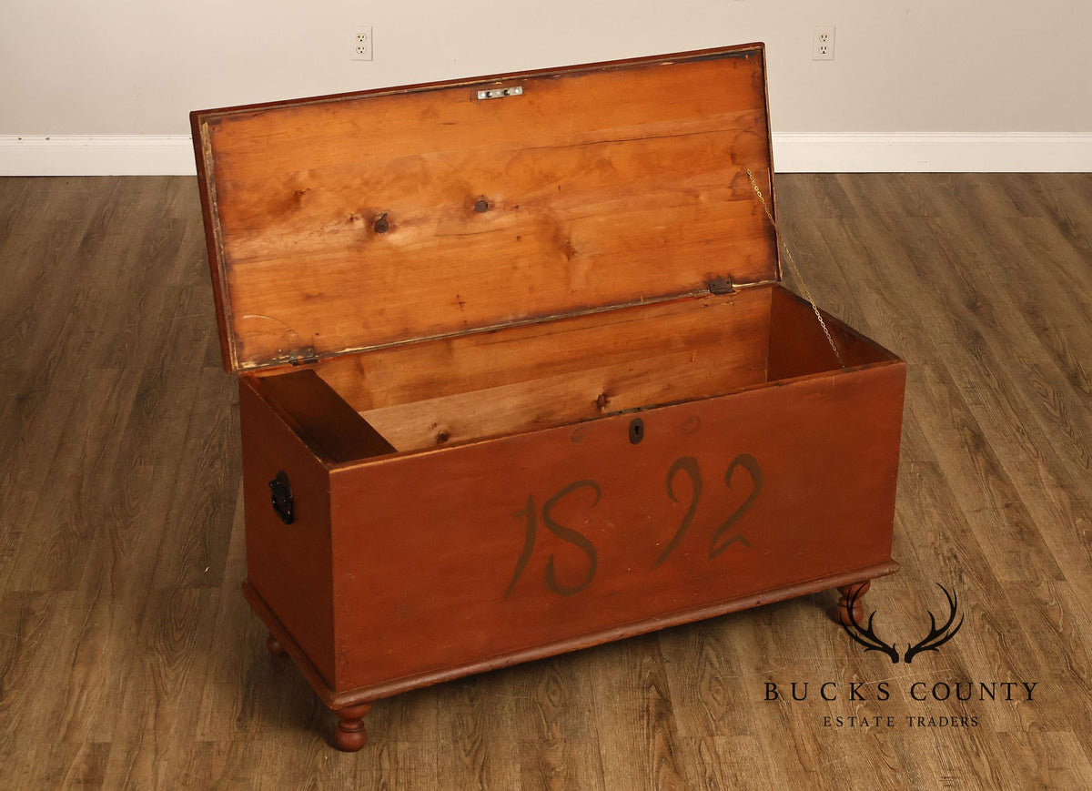 Antique Primitive Pine Painted Blanket Chest On Turned Feet