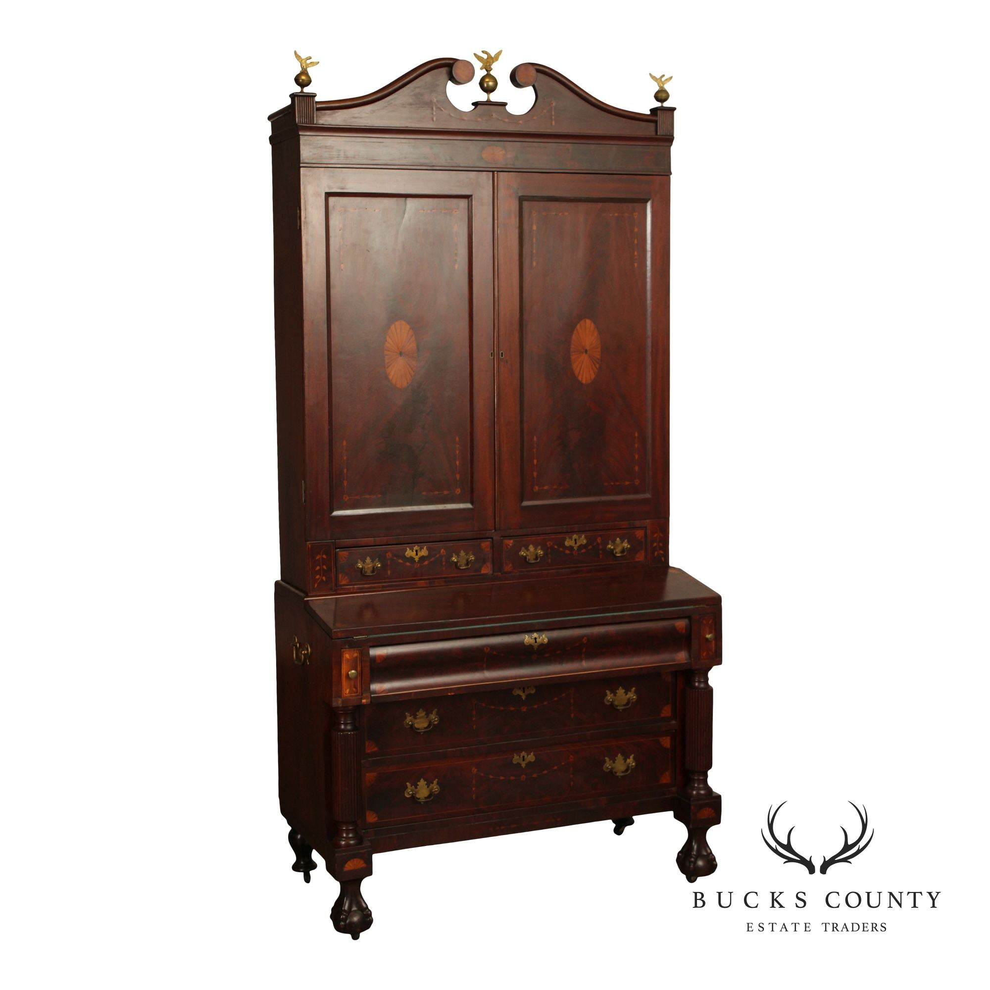 Antique Chippendale Inlaid Mahogany Secretary Bookcase