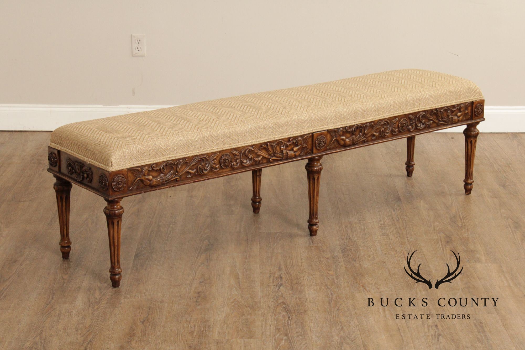 French Louis XVI Style Carved Frame Six Leg Window Bench