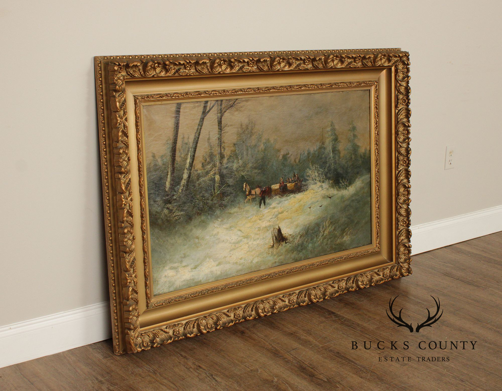 Continental School Large Winter Landscape Painting, Sleigh Ride