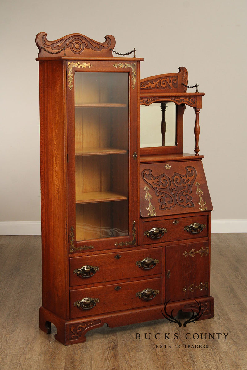 Antique Victorian Carved Oak Side-by-Side Secretary Desk Bookcase