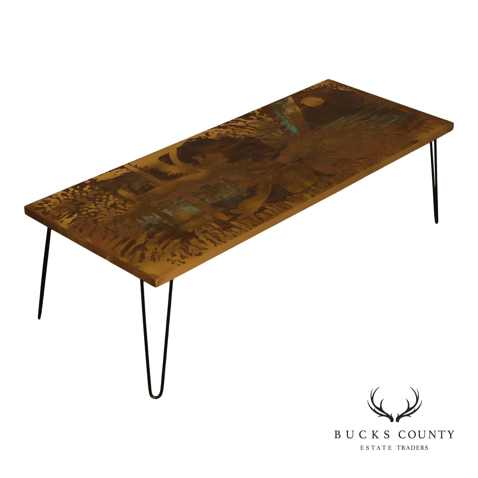 Mid Century Modern Acid Etched Brass Top Coffee Table With Hairpin Legs