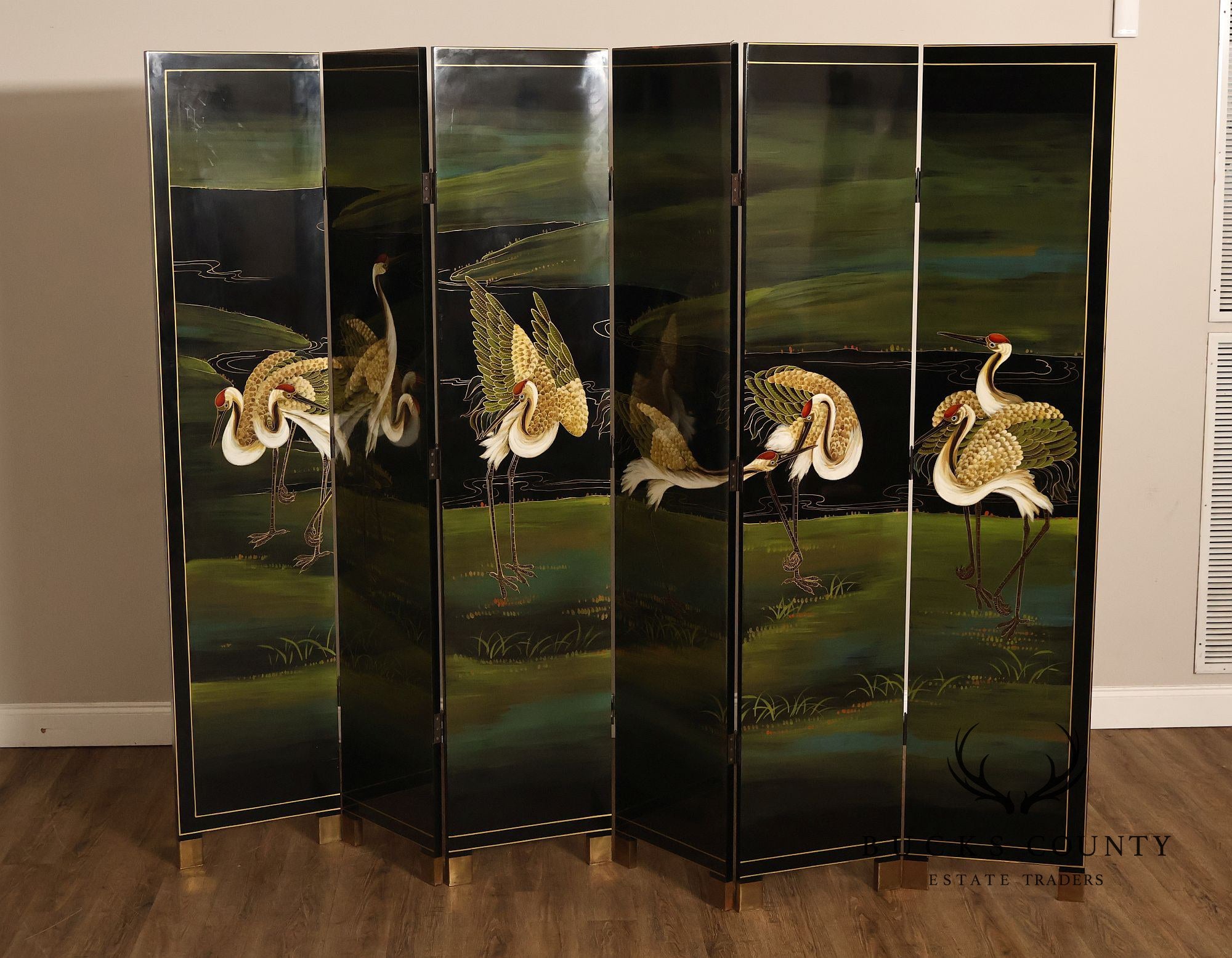 Japanese Style Hand Painted Lacquered Six-Panel Room Divider