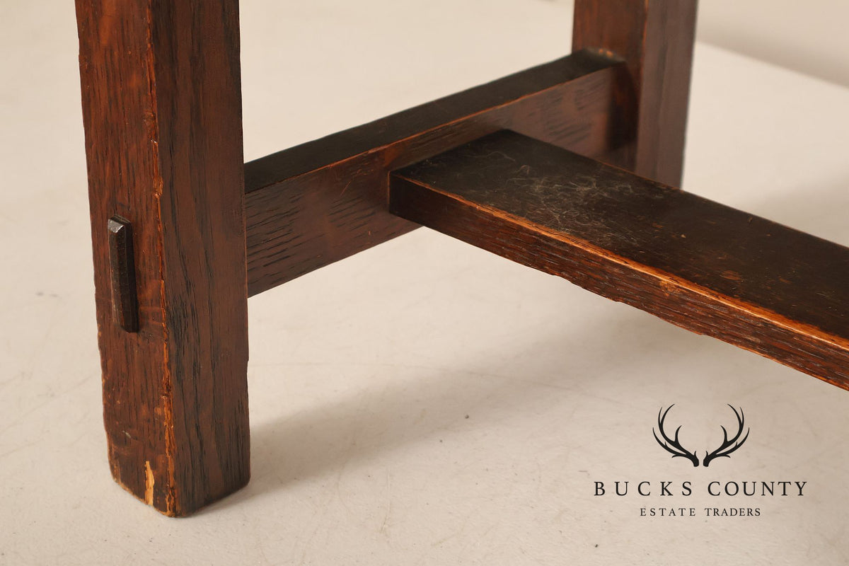 Arts And Crafts Oak Footstool With Leather Upholstered Seat