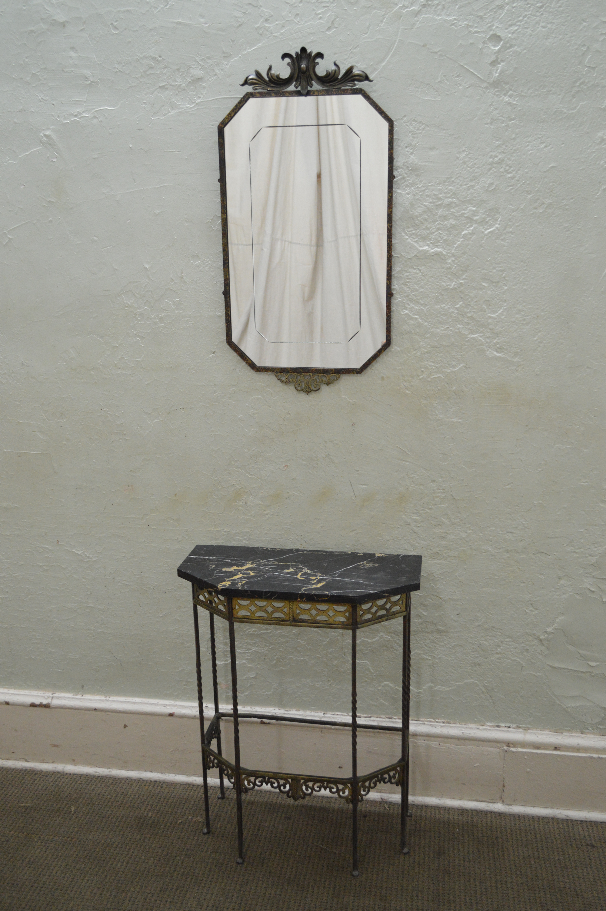 1930s Bronze & Iron Marble Top Console w/ Mirror (possible Oscar Bach)