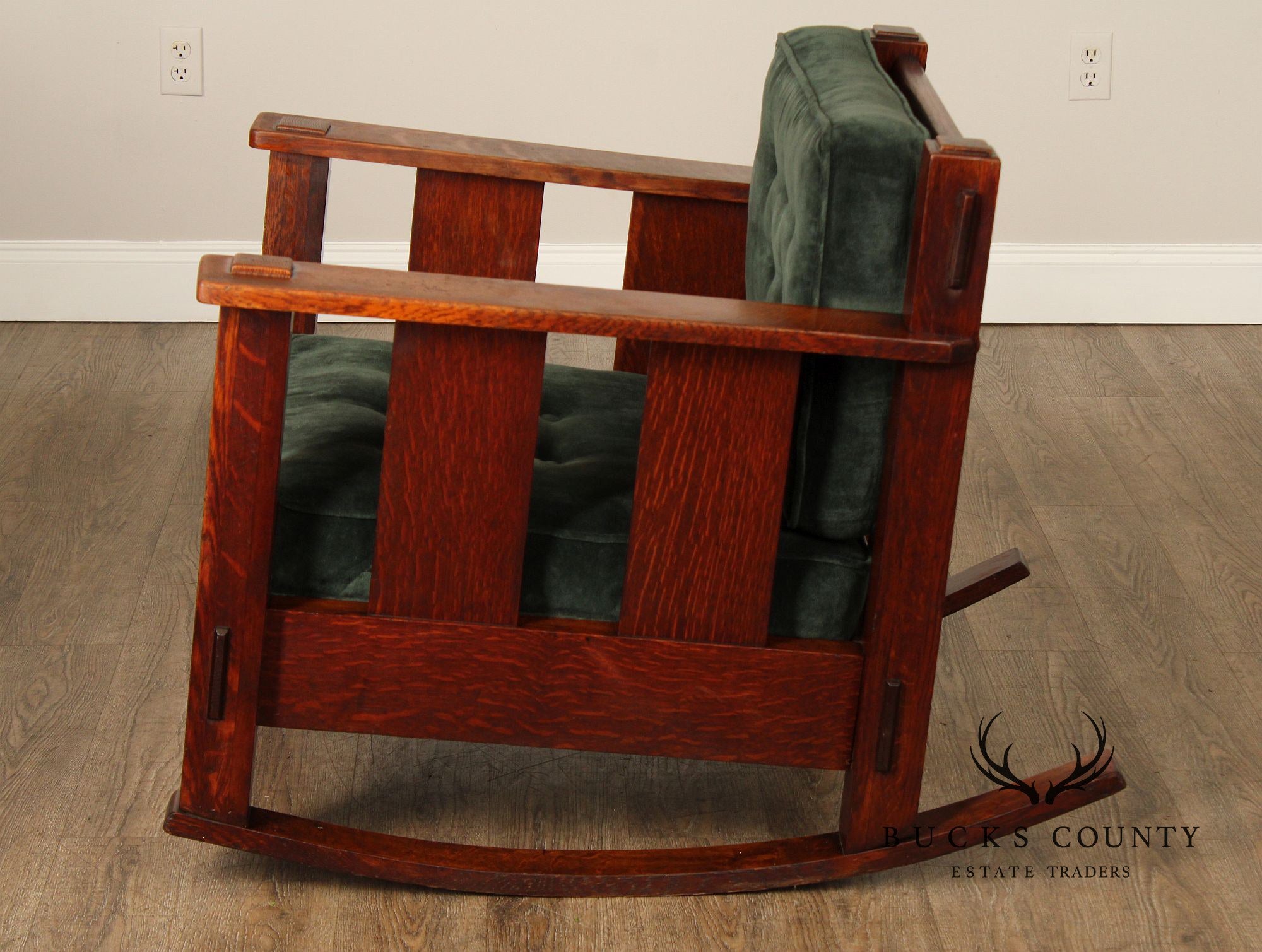 Stickley Brothers Antique Oak Arts & Crafts Rocking Chair With Green Upholstered Cushions