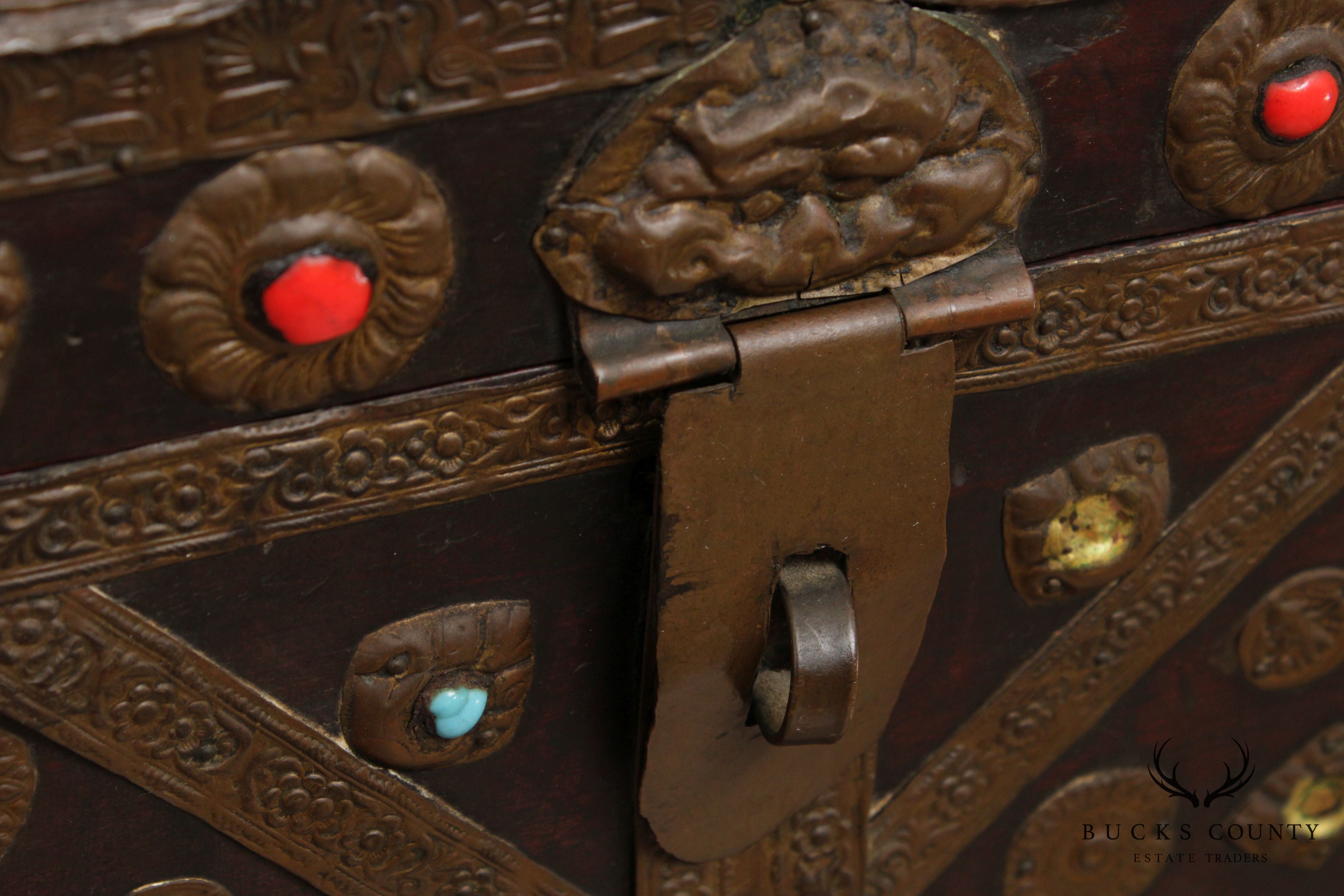 19th Century Tibetan Turquoise and Red Coral Decorated Travel Chest