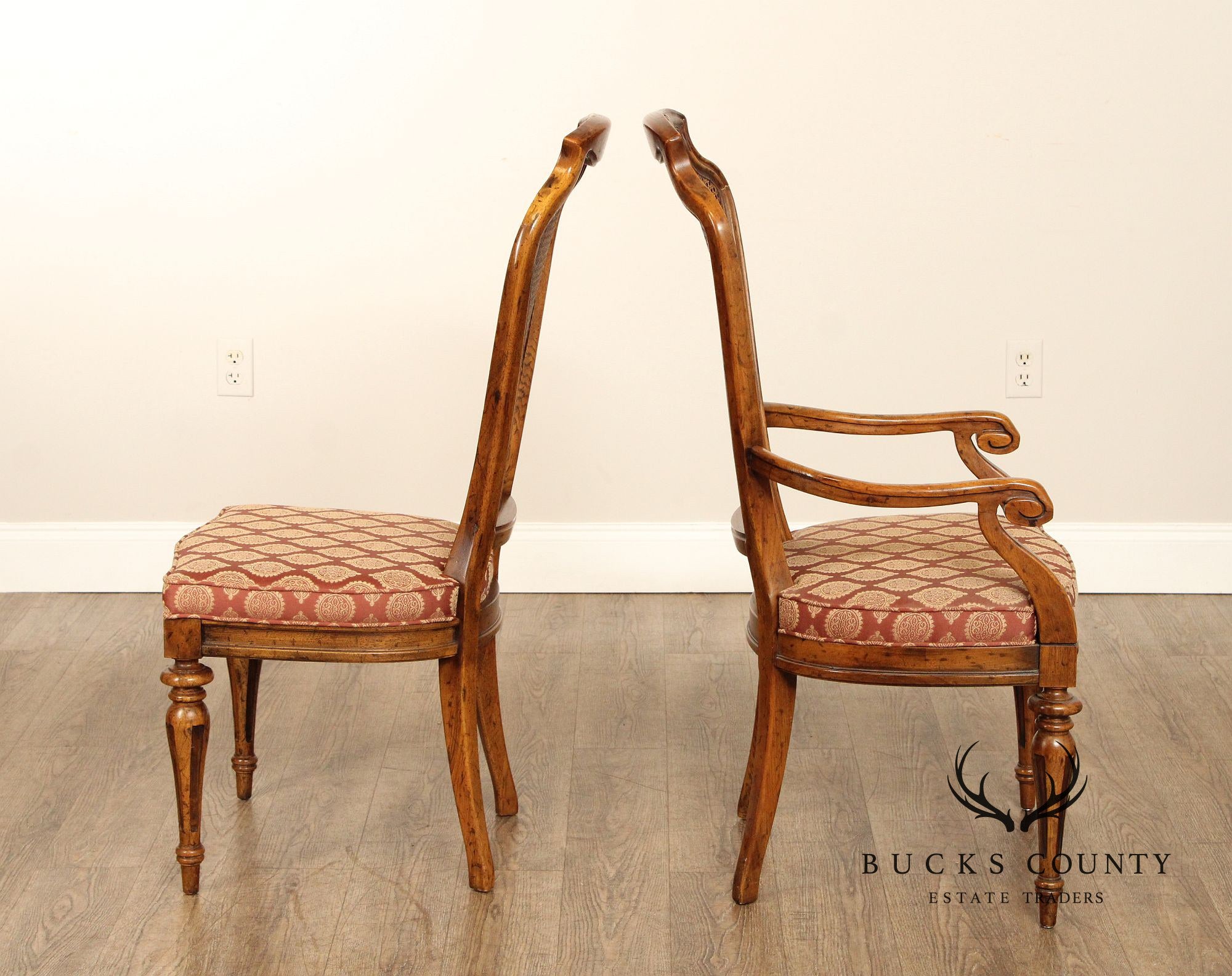 Italian Provincial Style Set of Eight Walnut Cane Back Dining Chairs