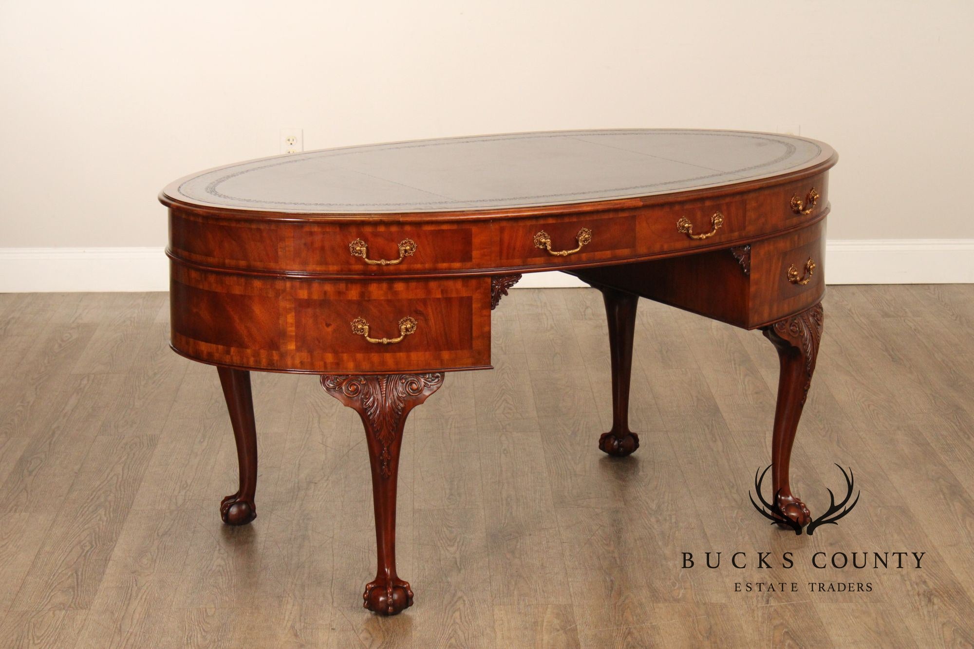 Maitland Smith Georgian Style Leather Top Mahogany Oval Desk