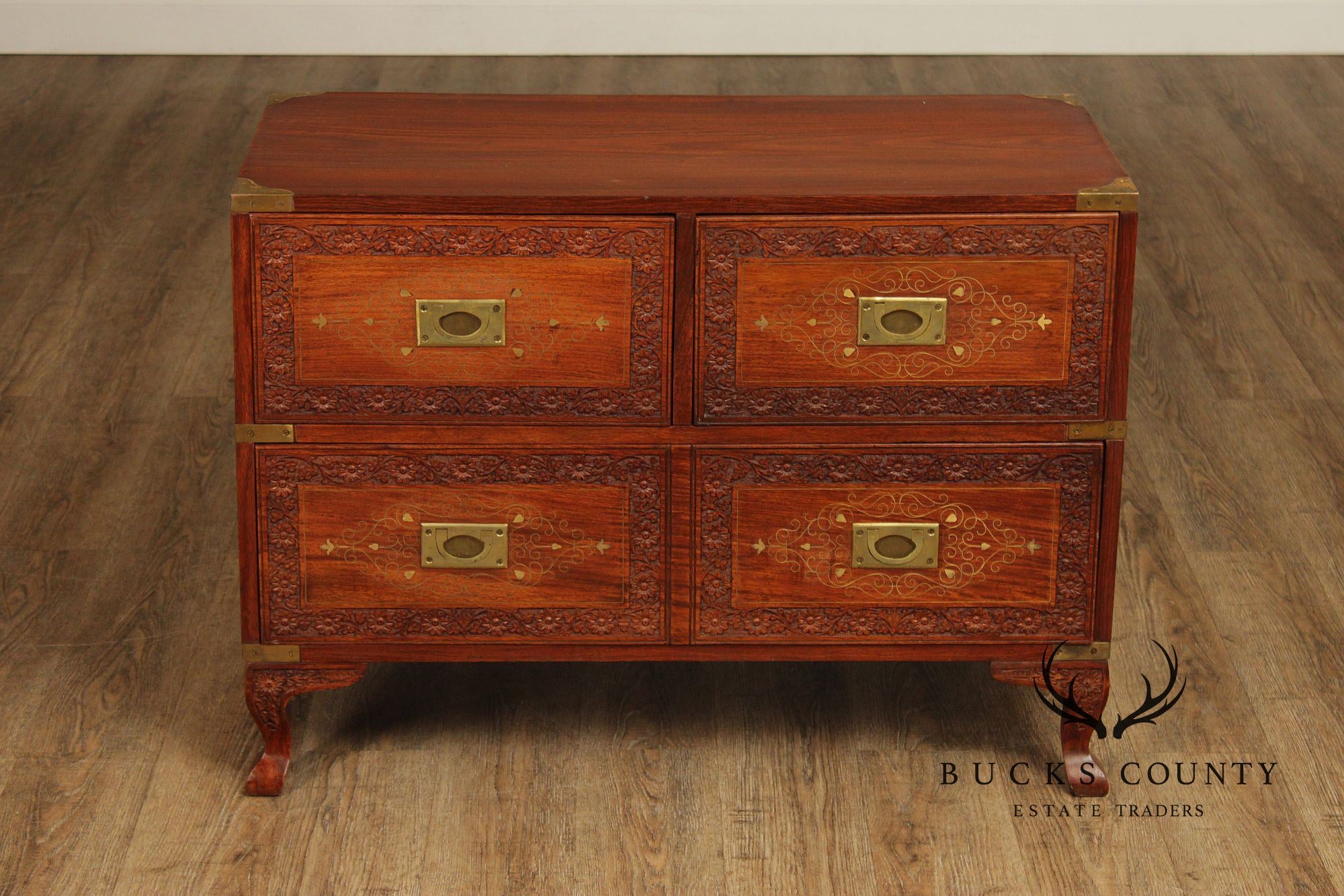 Brass Inlaid And Carved Teak Four Drawer Campaign Chest