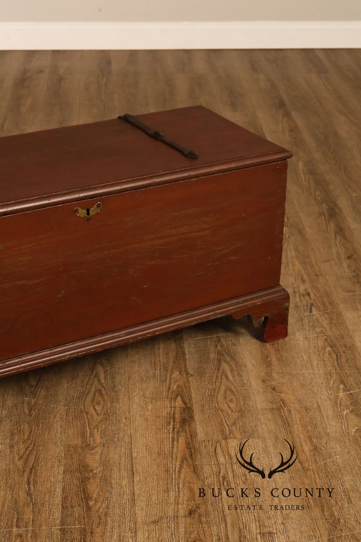 Antique Red Painted Cedar Blanket Chest With Cast Iron Strapping