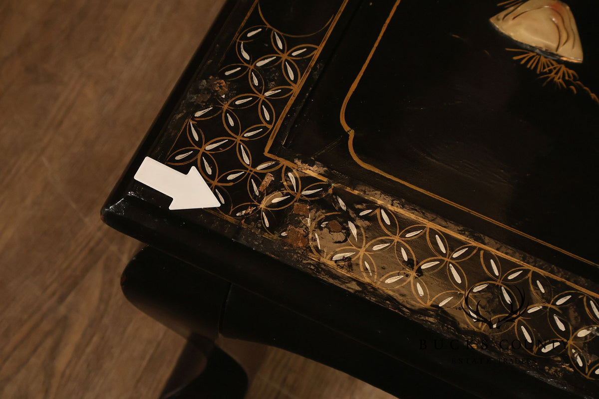 Asian Inspired Black Lacquer Coffee Table With Figural Inlay