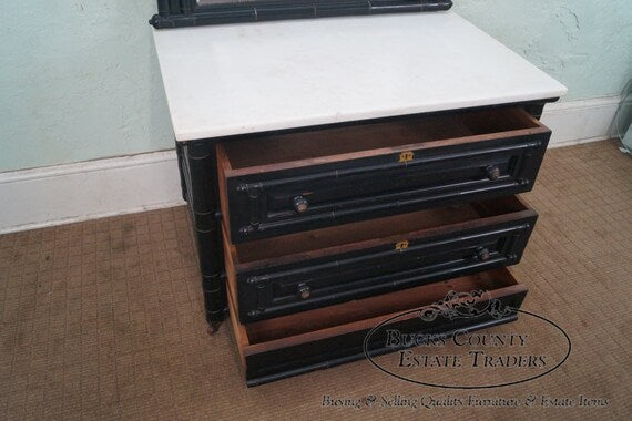 Antique 19th Century Ebonized Faux Bamboo Marble Top Dresser w/ Mirror