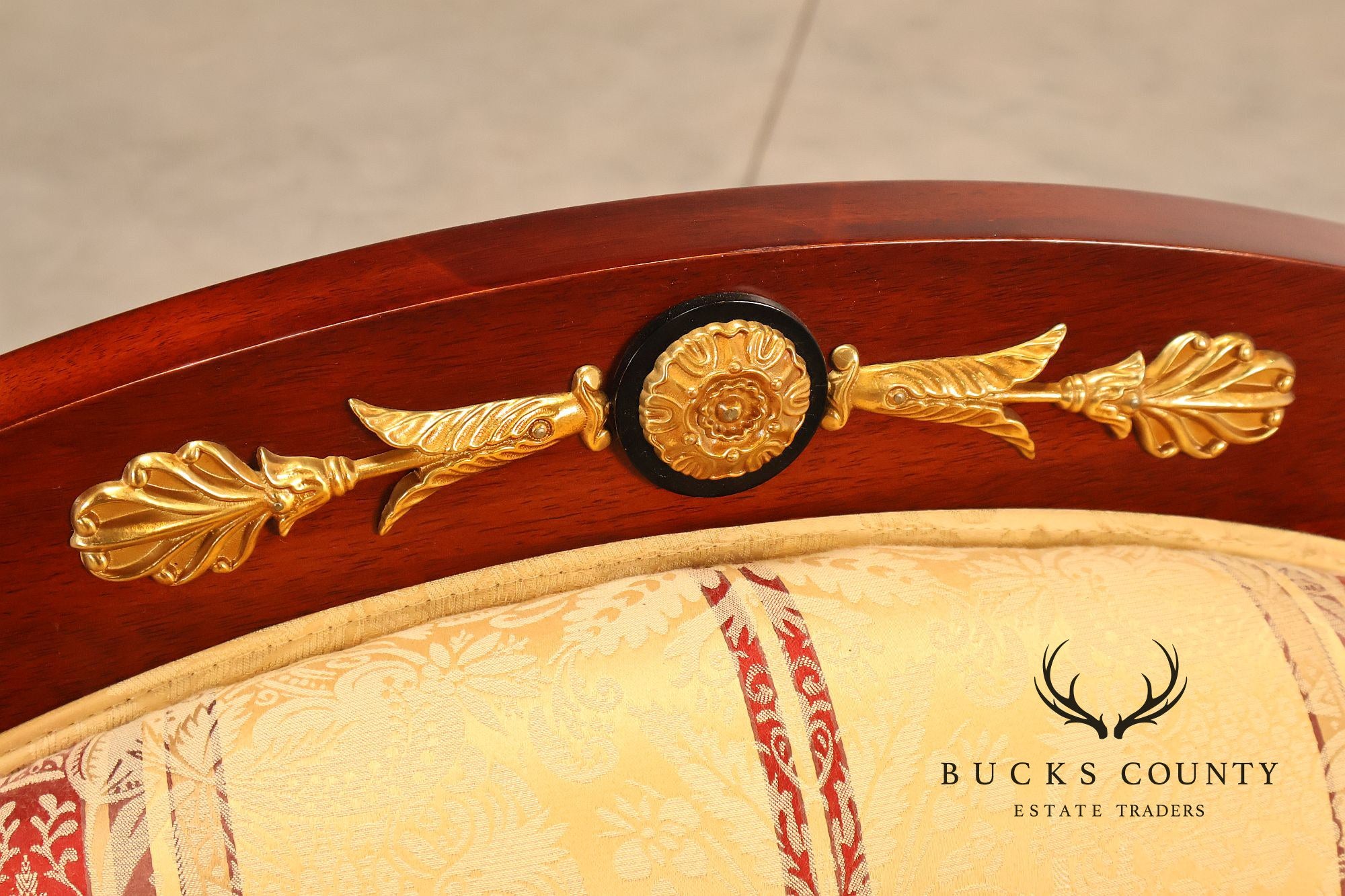 Empire Neoclassical Style Mahogany Upholstered Armchair With Gilt Bronze Accents