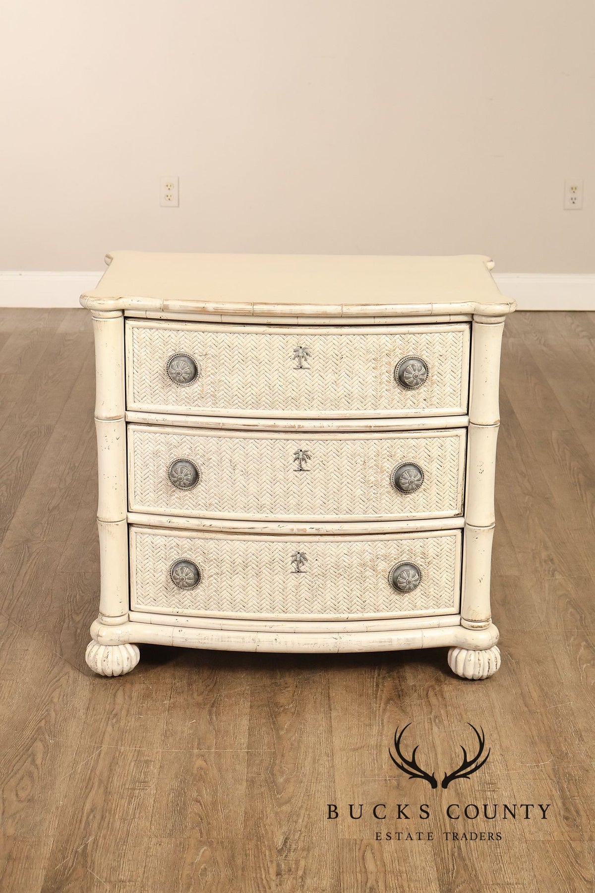 Pair Of Tommy Bahama By Lexington Painted Woven Rattan Three Drawer Nightstands