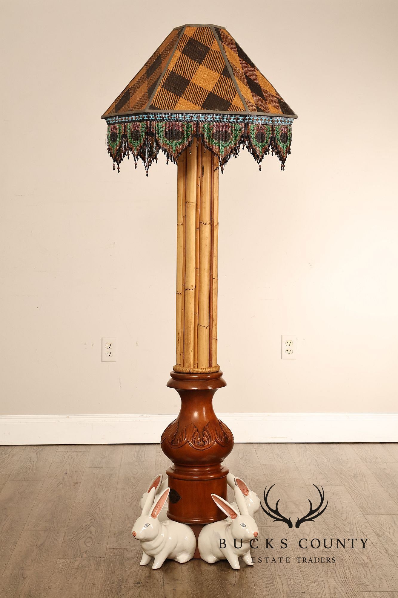 MacKenzie-Childs Rabbit Floor Lamp With Bamboo Column And Beaded Shade