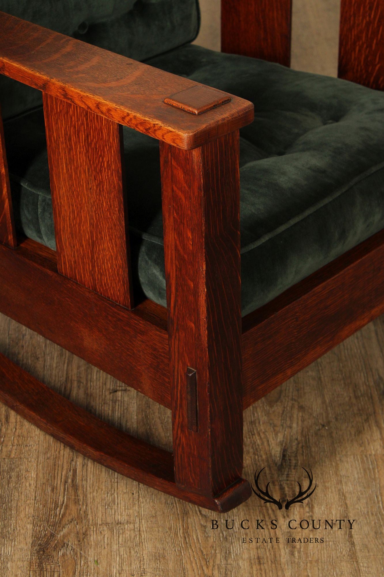 Stickley Brothers Antique Oak Arts & Crafts Rocking Chair With Green Upholstered Cushions