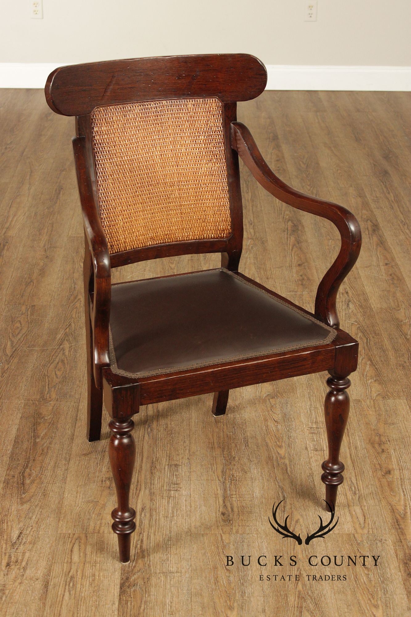 Vintage Anglo-Indian Style Pair of Caned Back Leather Seat Armchairs