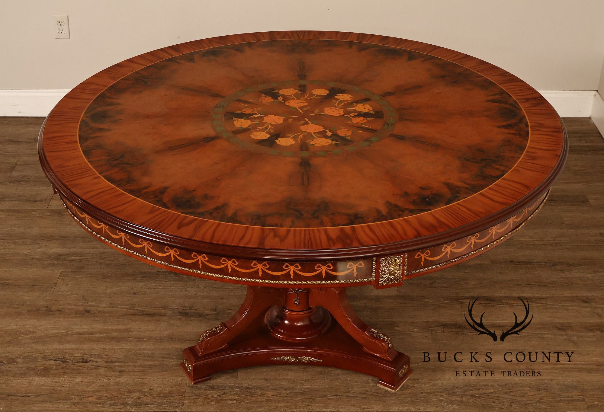 60” Round Pedestal Inlaid Burl Wood Dining or Center Table