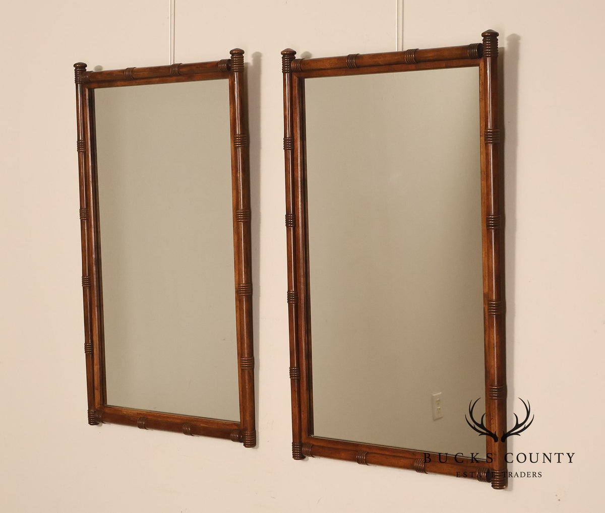 Vintage Pair of Faux Bamboo Wood Framed Wall Mirrors