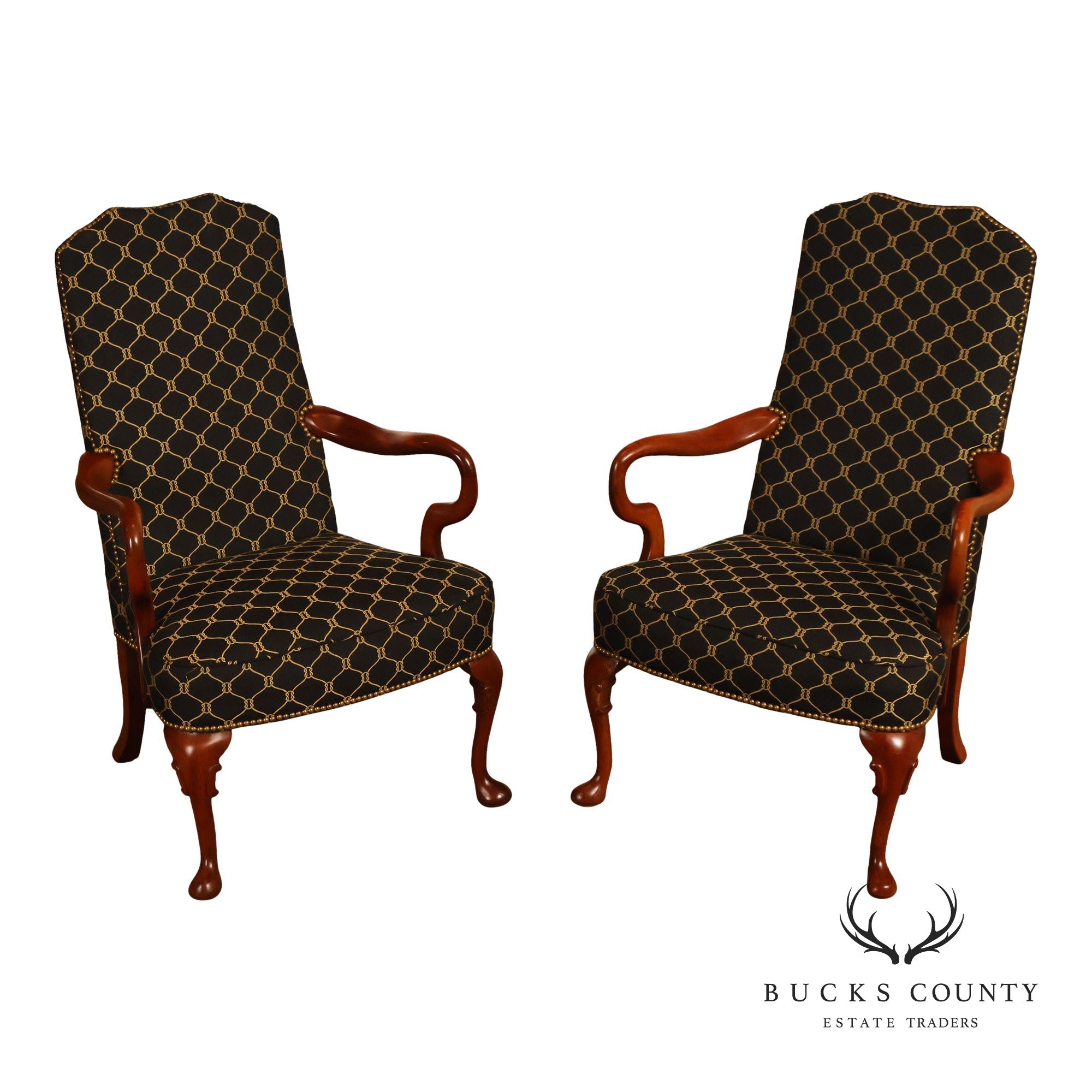 Queen Anne Style Pair Of Tall Back Upholstered Armchairs