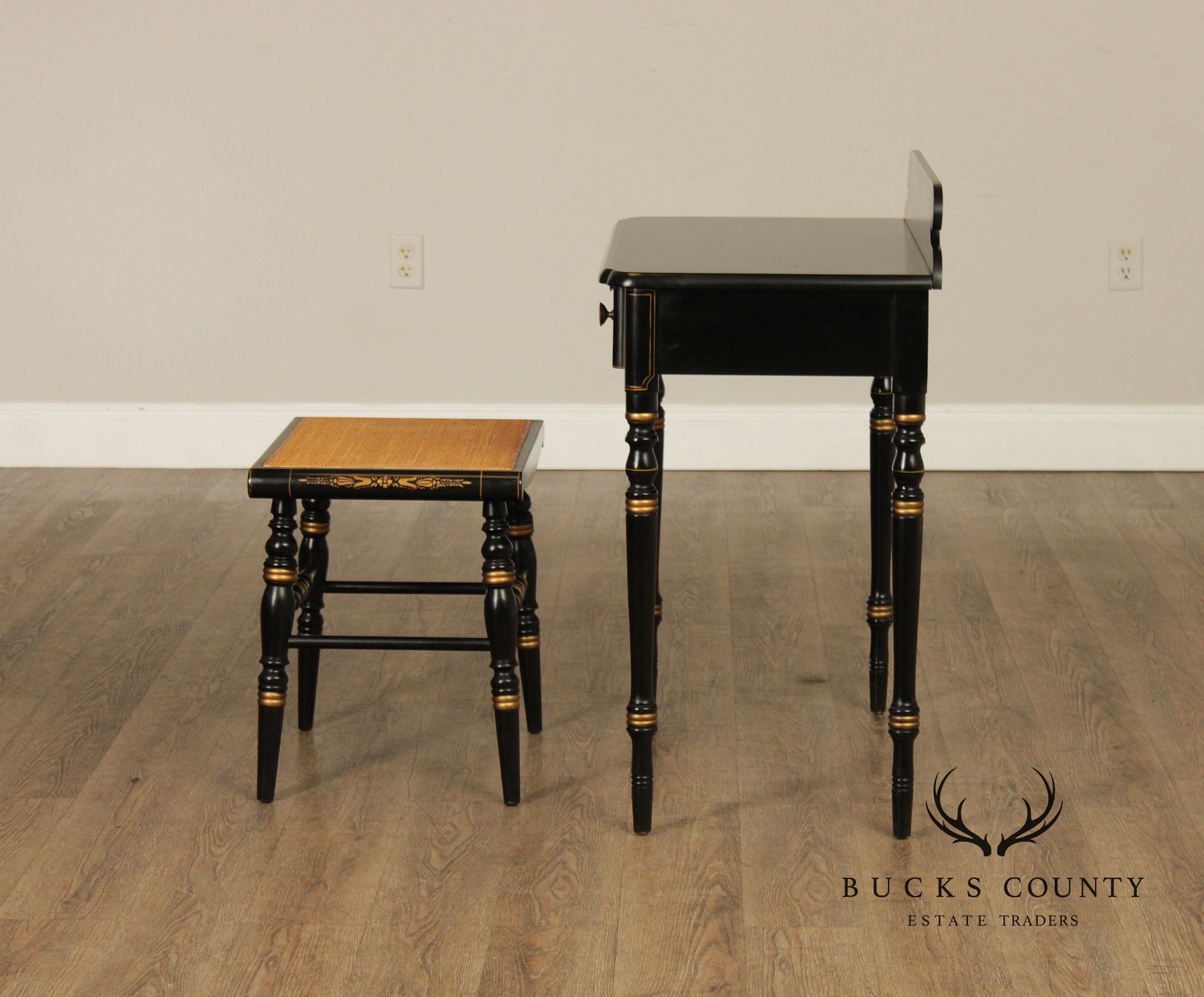 L. Hitchcock Black And Gold Stenciled Vanity Desk And Stool