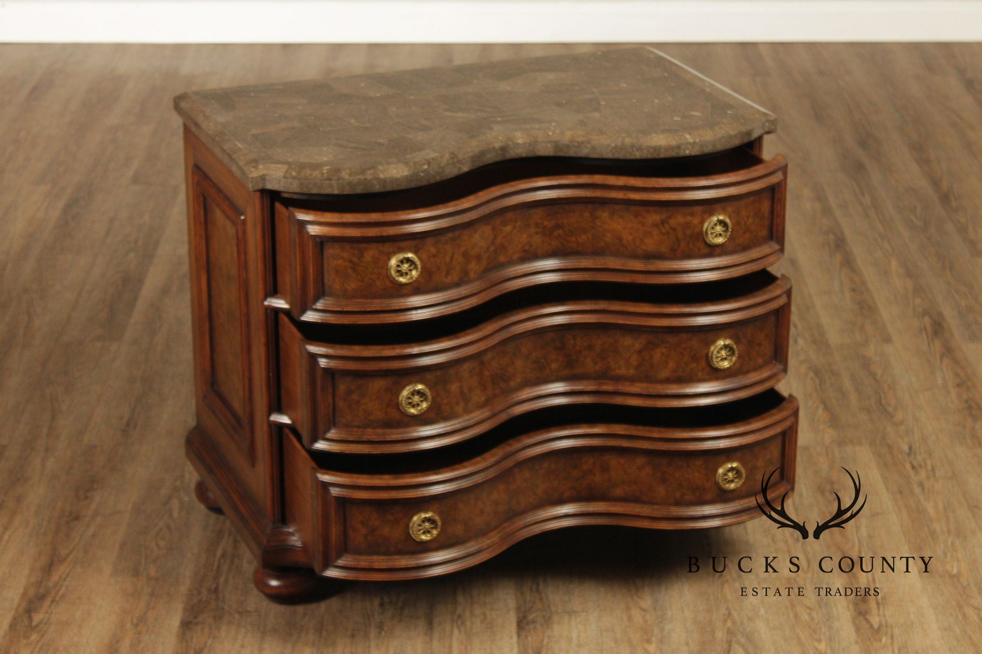 Maitland-Smith Pair of Baroque Style Tessellated Marble  Top Burlwood Chests