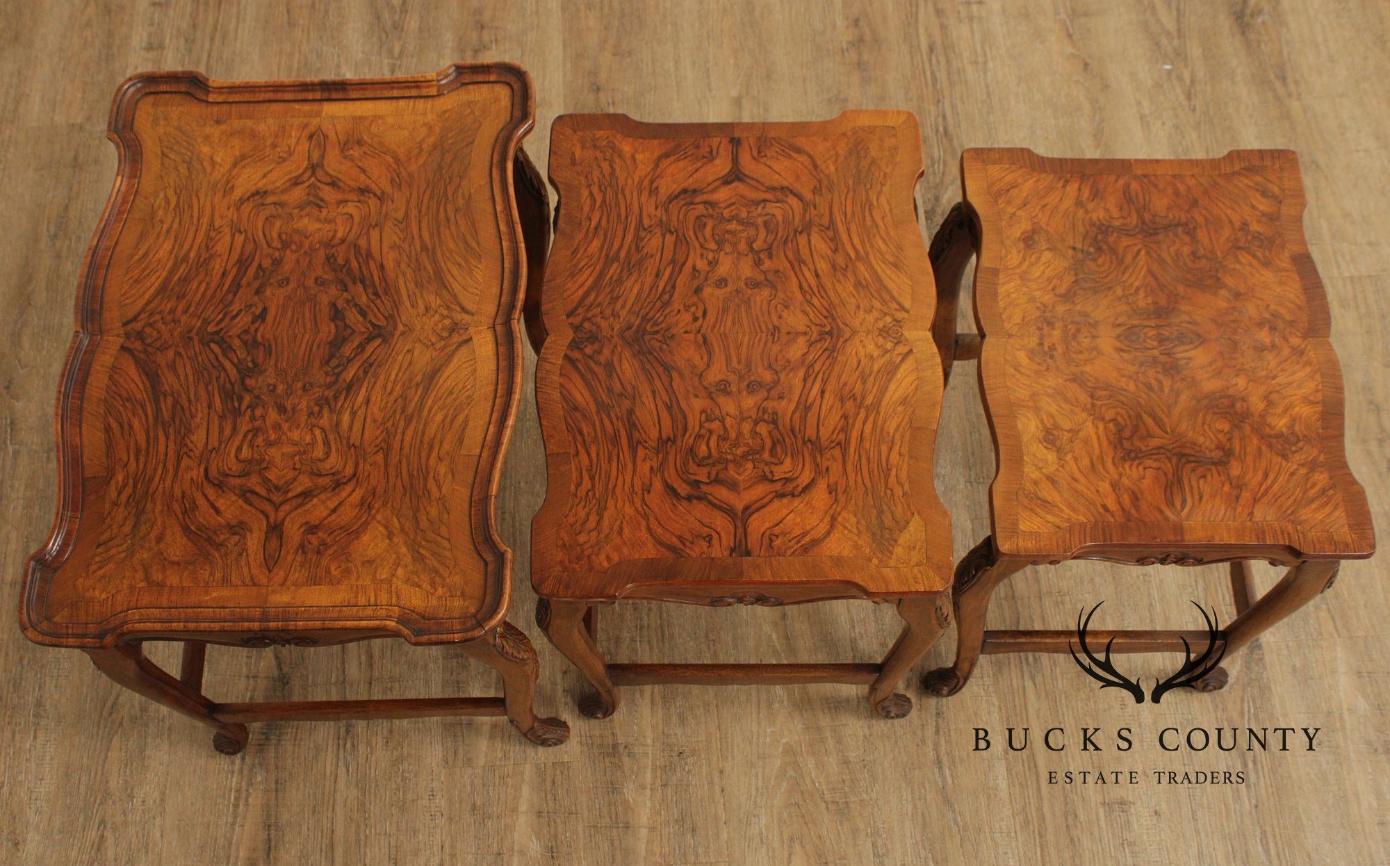 French Louis XV Style Set of Three Burl Walnut Nesting Tables