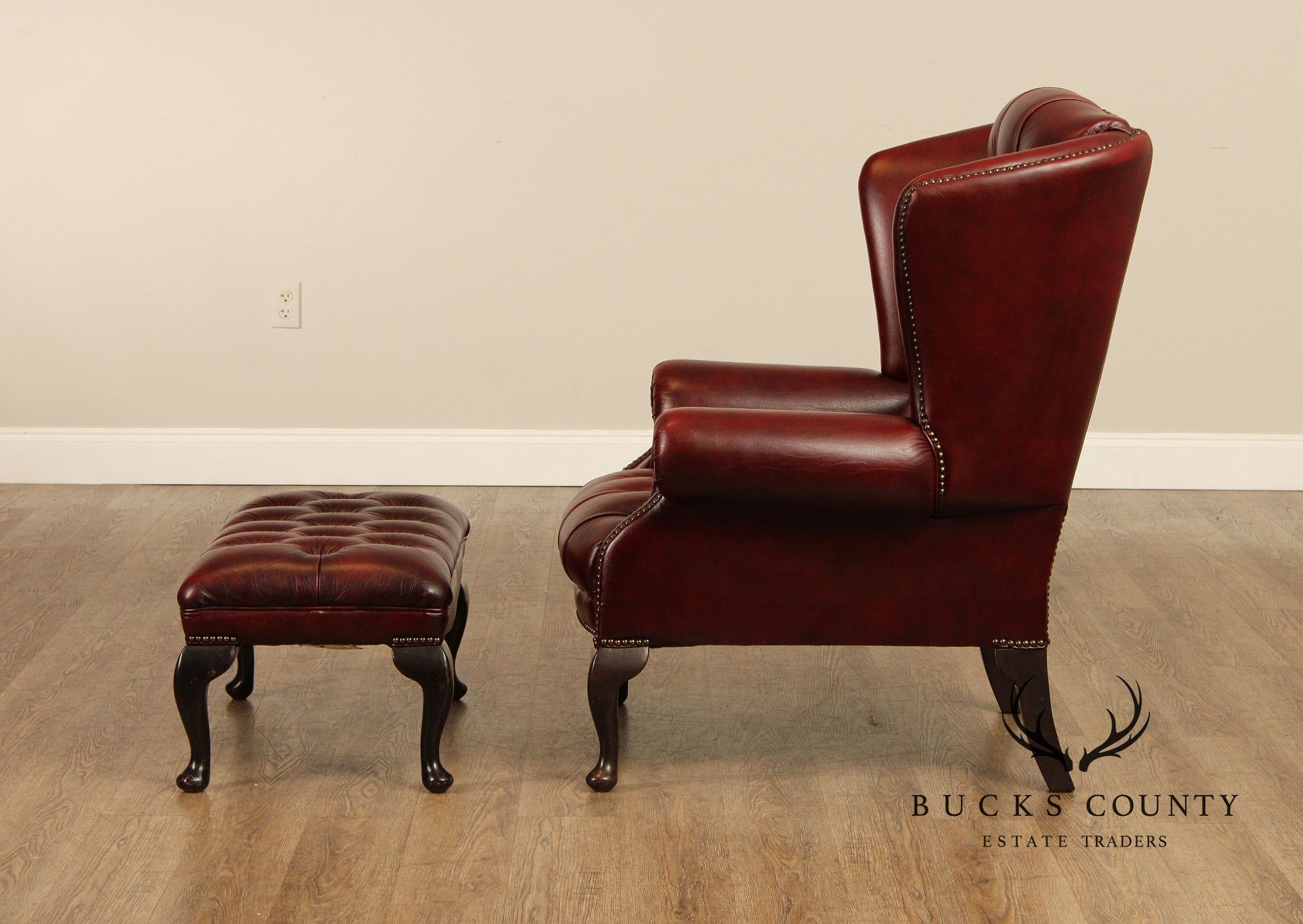 Pendragon Chesterfield Style Tufted Leather Wing Chair and Ottoman