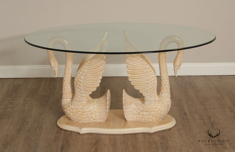 Vintage Carved Double Swan Base Oval Glass Top Dining Table