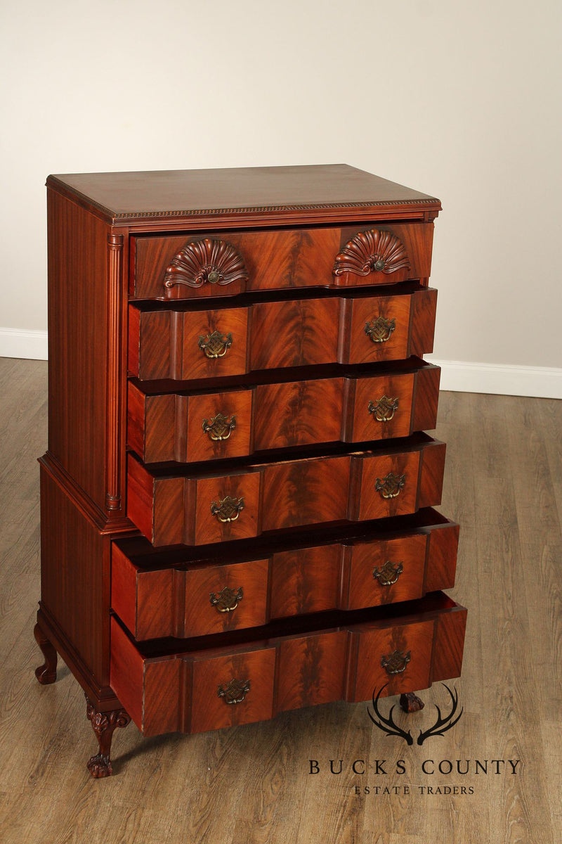 1940's Chippendale Style Shell Carved Flame Mahogany Blockfront Tall Chest