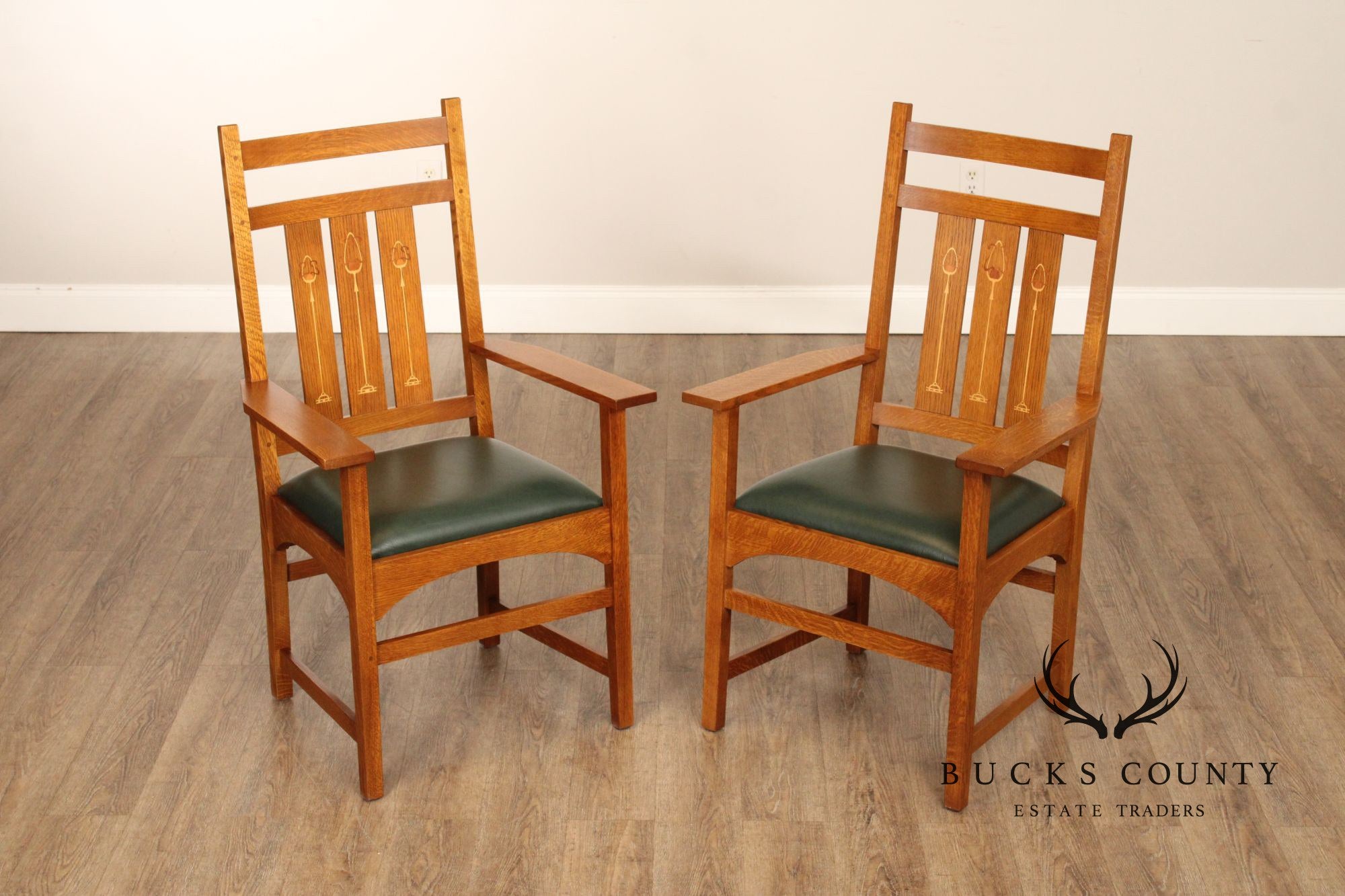 Stickley Mission Collection Pair of Harvey Ellis Inlaid Oak Dining Armchairs