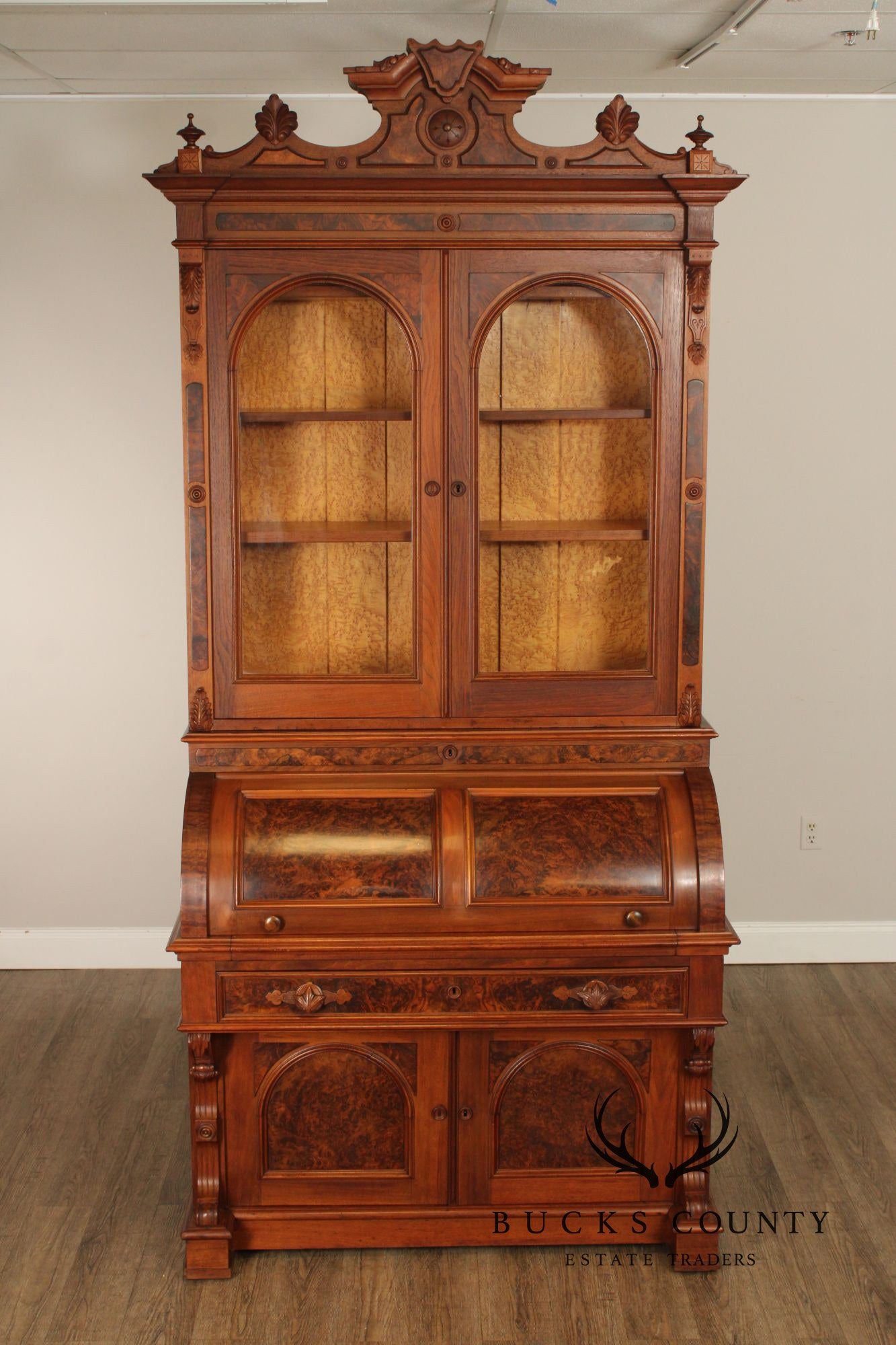 Antique American Renaissance Revival Walnut Secretary Cylinder Desk