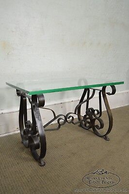 Hollywood Regency Pair Mid-Century Scrolled Iron Lyre Base Glass Top SideTable