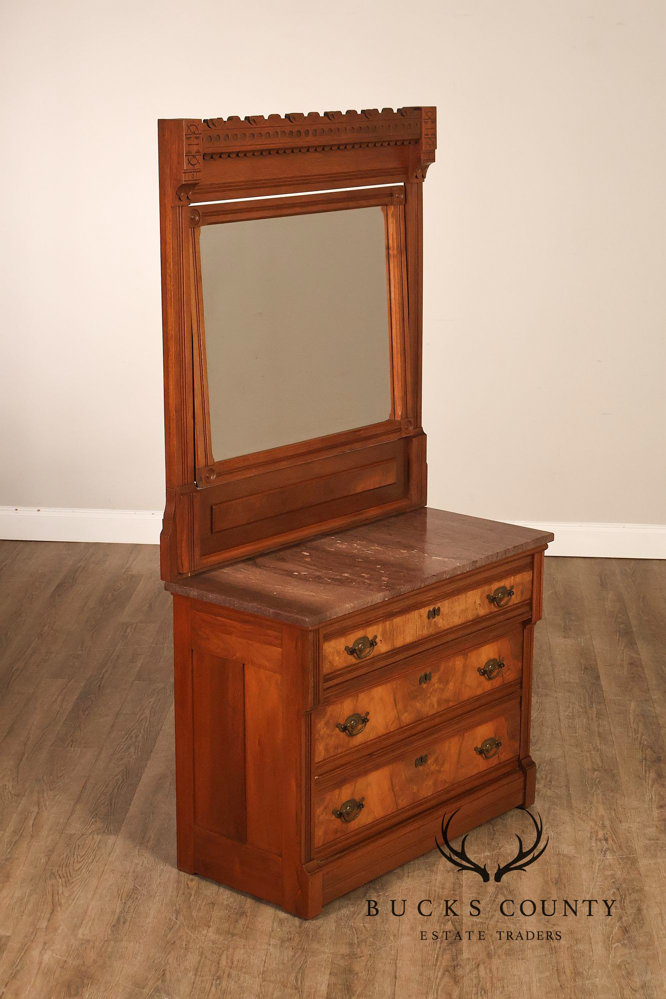 Antique Victorian Eastlake Walnut Marble Top Dresser With Mirror