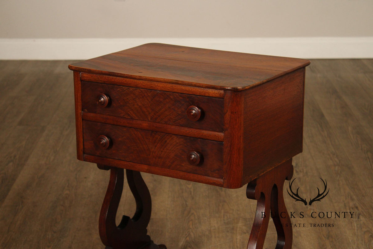 Antique American Empire Mahogany Lyre Form Two-Drawer Work Table