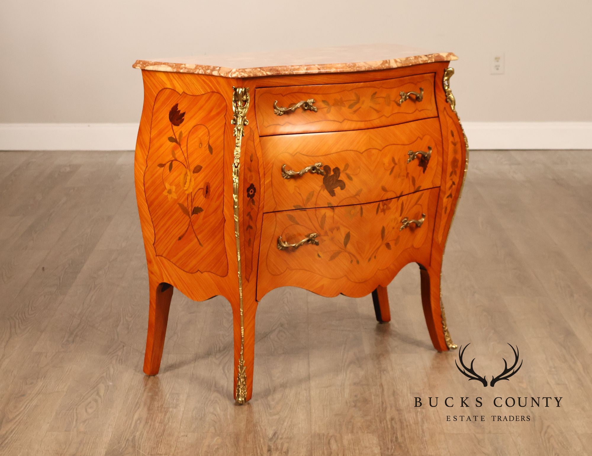 Italian Louis XV Style Marquetry Inlaid Marble Top Bombe Chest Commode