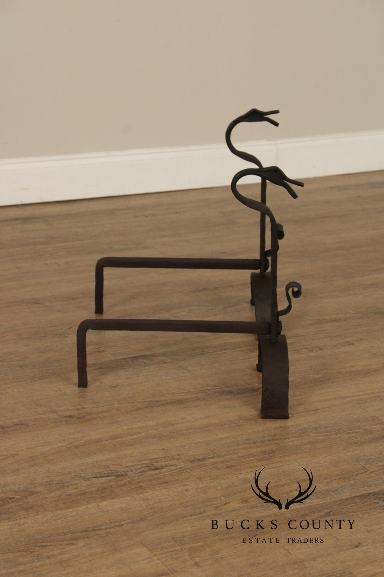 Arts & Crafts Pair of Wrought Iron Duck Fireplace Andirons