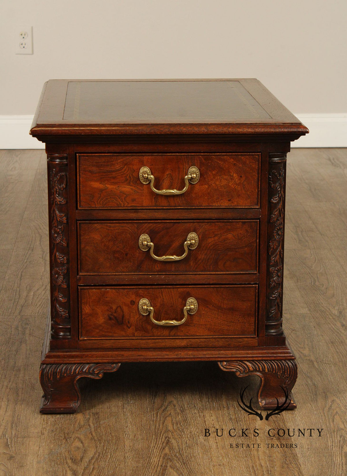 Hekman Georgian Style Leather Top Burlwood Side Table